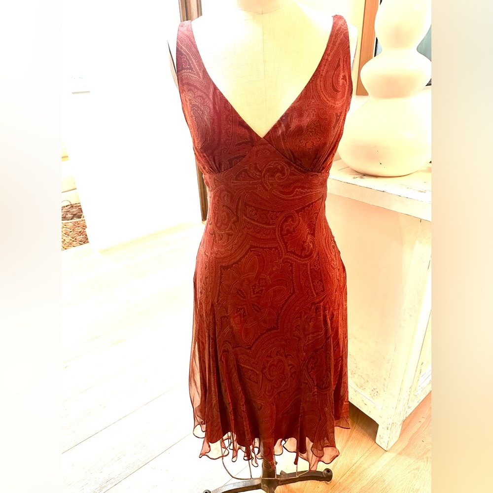 Silk Carmen Marc Valvo Dress in Copper Paisley